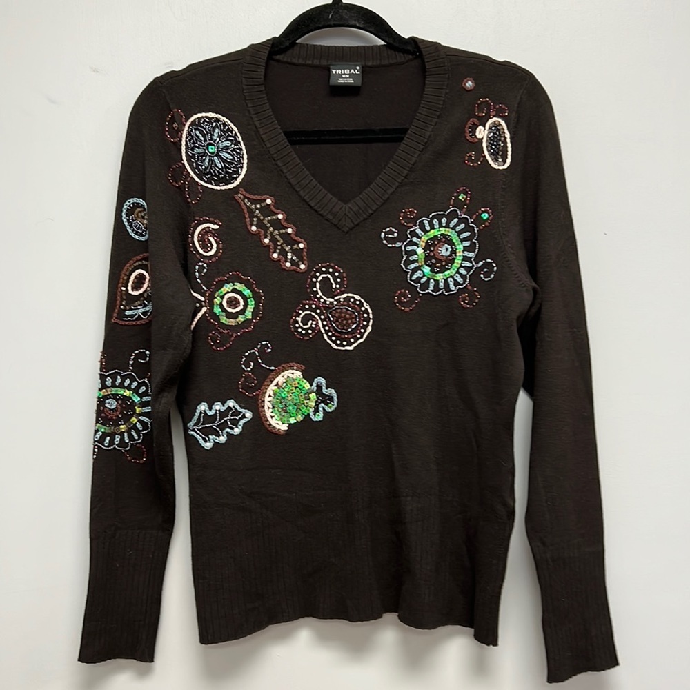 Tribal Sequined V-Neck Sweater